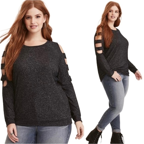 Torrid Black Knit Ladder Sleeve Pullover Sweater Size 1X Cozy Loungewear Grunge - Picture 1 of 7